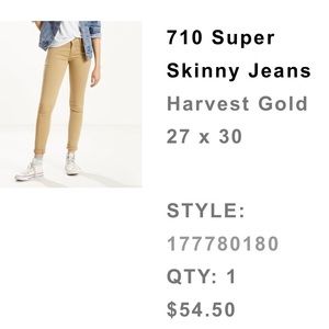 Levi 710 Skinny Jeans - Khaki (barely worn)